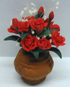 Dollhouse Miniature Red Roses In Large Pot